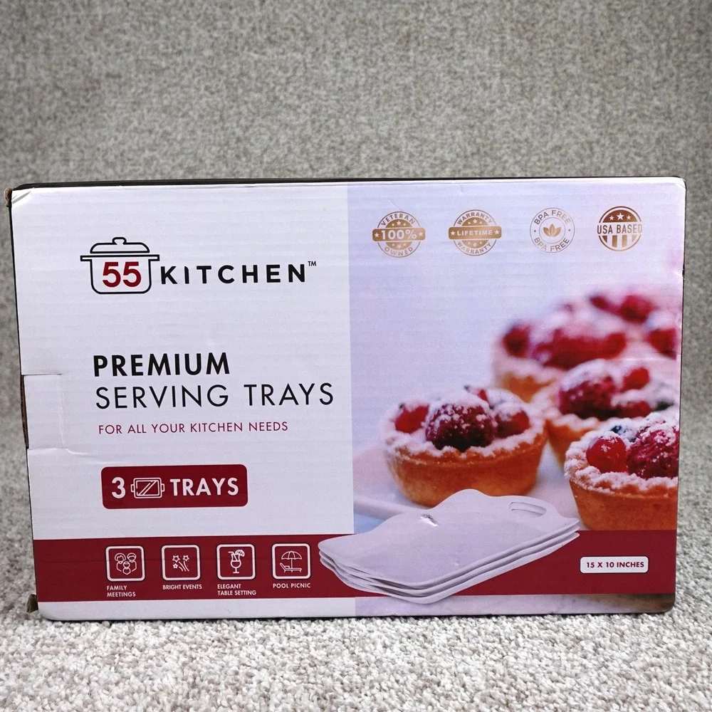 55 Kitchen Premium White Serving Trays Set of 3 Rectangular 15x10 with Handles